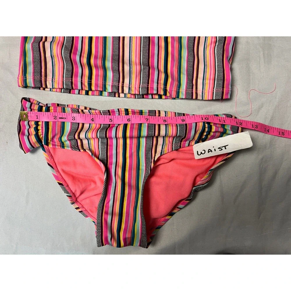 Malibu Design Group Girls Striped Pom-Pom Tankini Swimsuit Set Pink Multi Sz 12